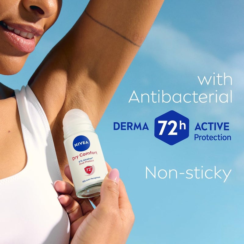 NIVEA Dry Comfort Antiperspirant Deodorant for Women Quick Dry 72h Active Sweat Protection Roll-On, Pack of 3 - Image 4